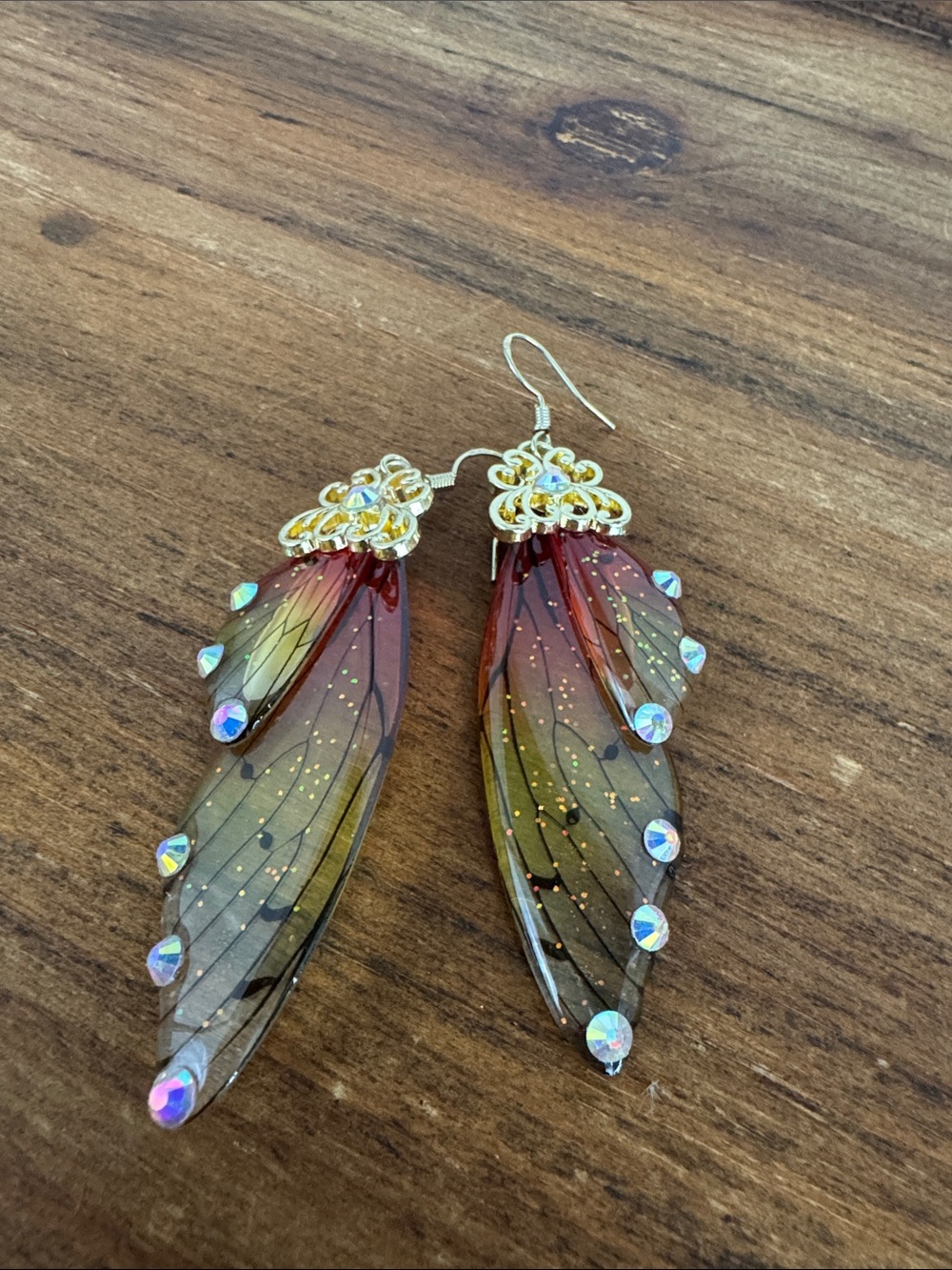 Gold-Accent Monarch Butterfly Wing Drop Earrings in Red and Yellow - Picture 3 of 4
